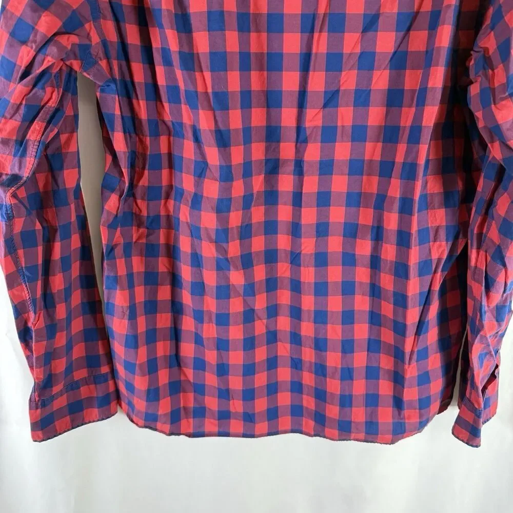 J Crew Slim Fit Button Up Shirt Men's XL Red Blue Plaid Lightweight Long Sleeve